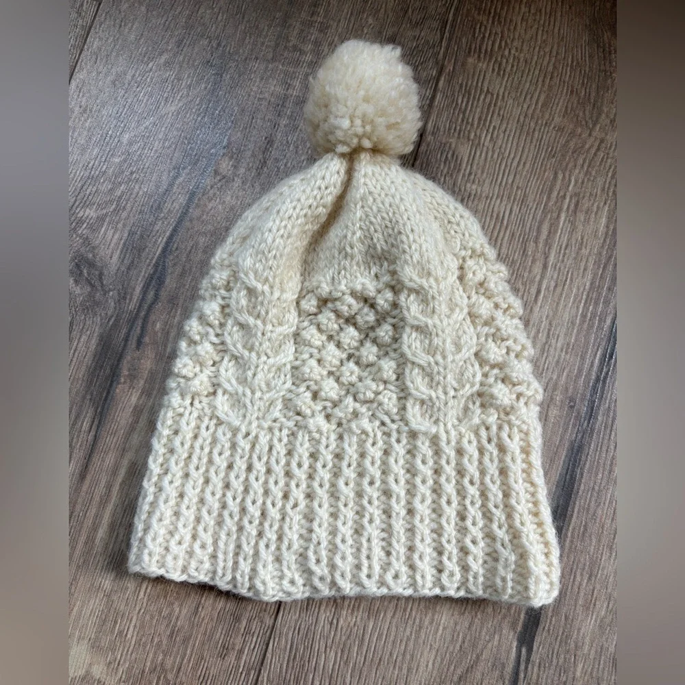 Handknit Wool Beanie with Pom – Cream Cable Knit Woodsy Cottagecore